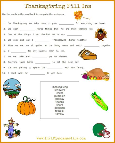 thanksgiving printables fill  vocabulary sheet  children