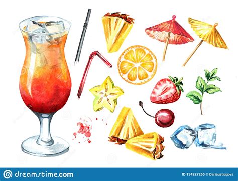 Sex On The Beach Cocktail With Decorative Elements Set Watercolor Hand