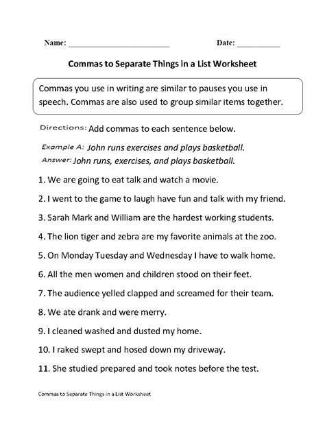 commas worksheets commas separate   list worksheet