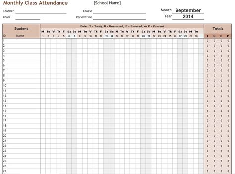 school attendance list templates   word excel