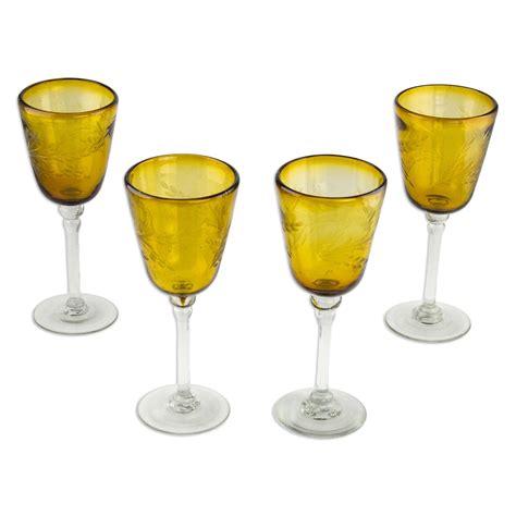 Hand Blown Wine Glasses Set Of 4 Etched Stemware Mexico Amber Flowers