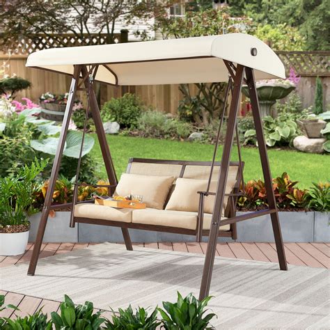 homes gardens vaughn canopy patio swing  beige cushions walmartcom walmartcom