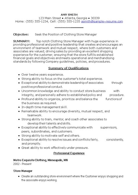 clothing store manager resume sample pics sample shop layout