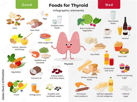 thyroid cartoon character  foods  thyroid health good  bad meals icon set  flat