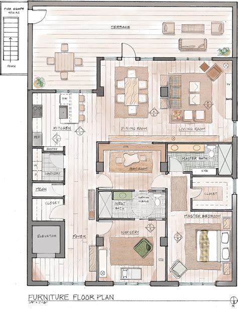 furniture floor plan hand draft  render interiordesign