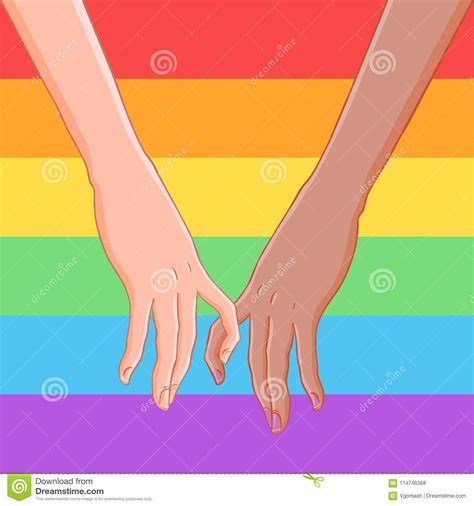 two women holding hands over gay community rainbow colored flag stock
