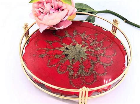 red  gold serving tray resin  art