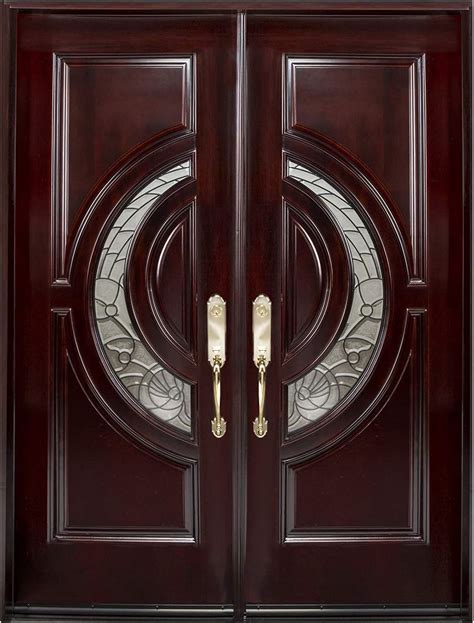 Mahogany Wood Double Doors With The Dual Crescent Glass 30 X30 X80