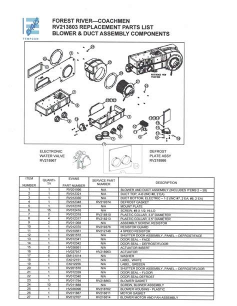 evans blowerduct assembly rv replacement parts list