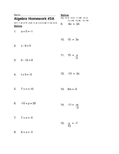 solving simple algebraic equations worksheet    grade