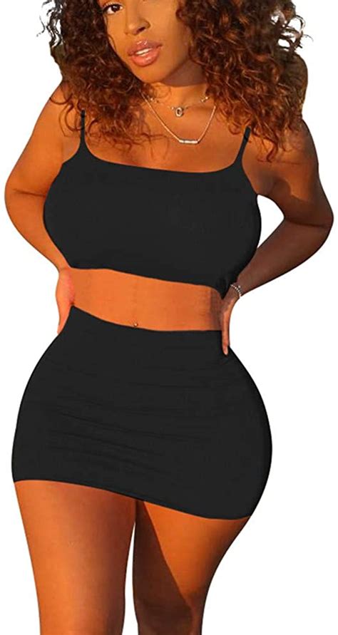 Boriflors Women S Sexy 2 Piece Outfits Strap Crop Top Skirt Set Bodycon