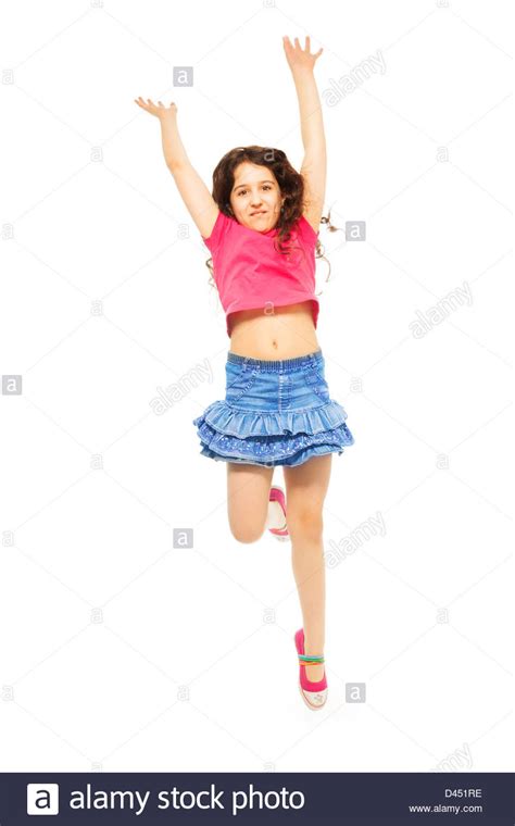 Portrait Of Happy 11 Years Old Girl With Curly Hair Jumping Isolated On