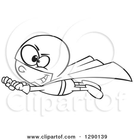 cartoon clipart   black  white super hero boy  flight royalty