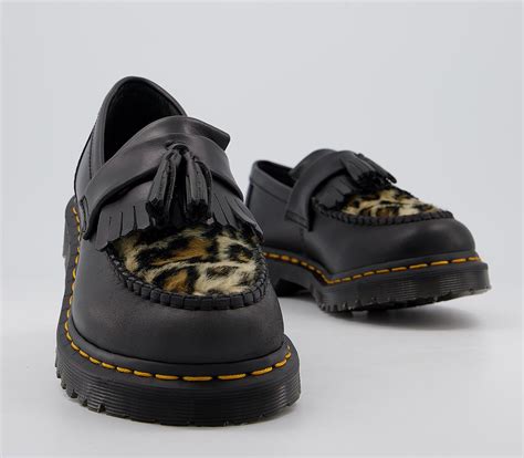 dr martens adrian fluff tassel loafers black atlas leopard flat shoes  women