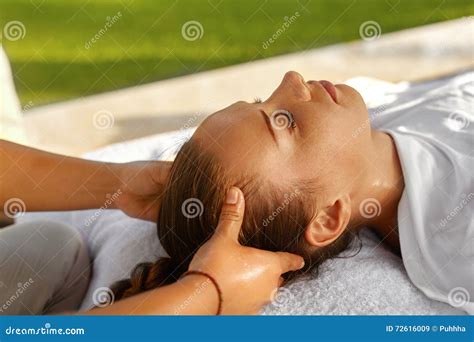 Spa Massage Beautiful Woman Enjoying Head Massage Body Care Stock