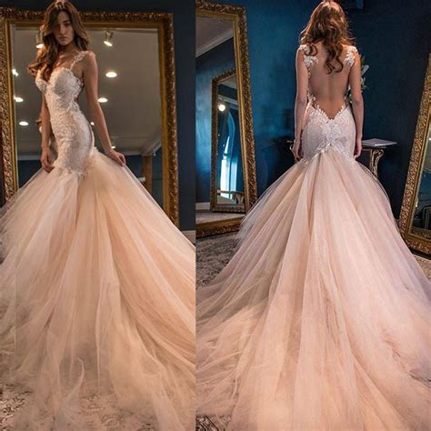 Sexy Backless Lace Mermaid Wedding Dresses 2017 Tulle Cheap Wedding G