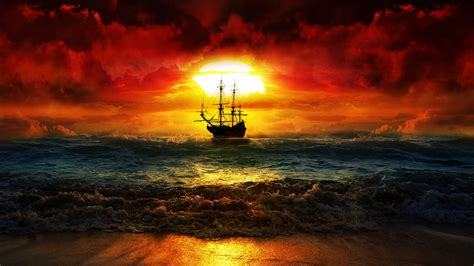 rigging ship sunset sky dark red ocean view sun waves sailing boat sea orange