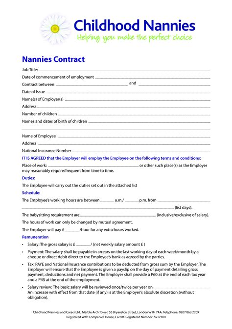 childhood nanny contract templates  allbusinesstemplatescom