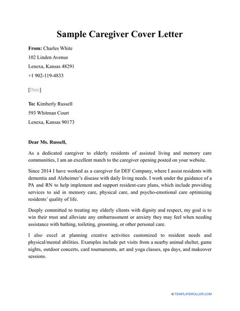 sample caregiver cover letter  printable  templateroller