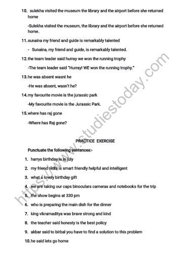 Cbse Class 6 English Punctuation And Capital Letters Worksheet