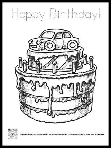 printable birthday cake coloring page  car cursive font
