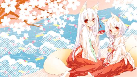 woman  white hair  tails anime character fox girl animal ears