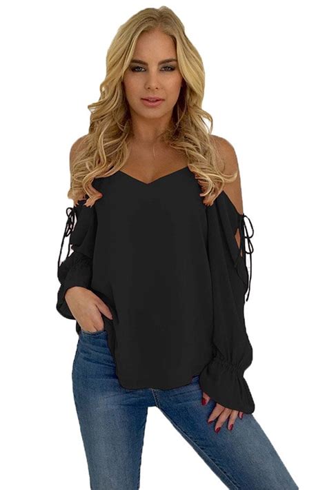 hualong black long sleeve cold shoulder tops for women