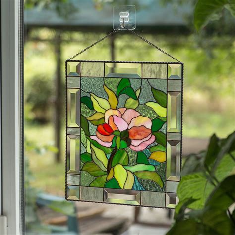 peony flower stained glass window hanging panel