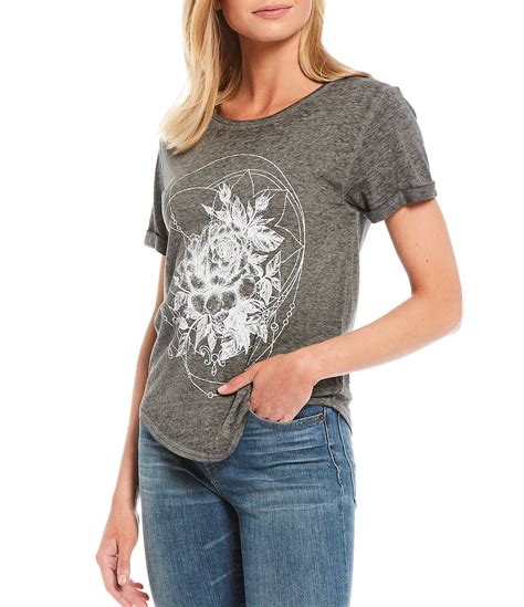lucky brand crew neck rolled short sleeve floral moon graphic tee shirt