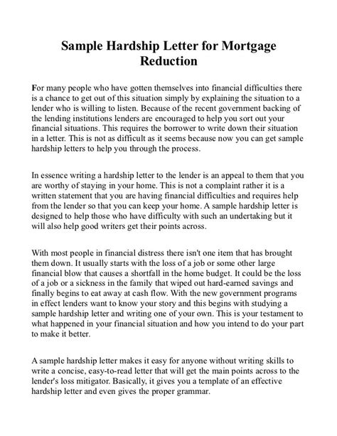 sample hardship letter  mortgage reduction