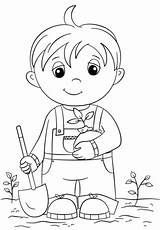 Coloring Boy Pages Little Cute Seedling Boys Holding Printable Arbor Standing Drawing Print Earth sketch template