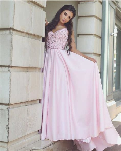 pretty pink satin evening gowns beaded v neck long prom