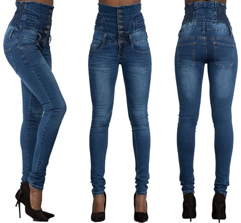 Womens Ladies Sexy High Waist Skinny Ripped Jeans Blue Stretch Denim