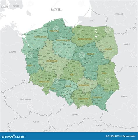 szczegolowa mapa polski  podzialami administracyjnymi na  wojewodztw