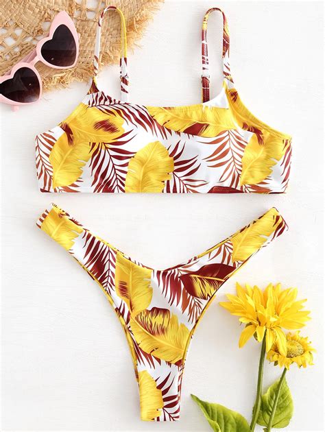 Zaful Women Leaf Print High Leg Bikini Set Swimsuits 2019 New Spaghetti