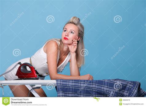 Pin Up Girl Retro Style Portrait Woman Ironing Stock Image