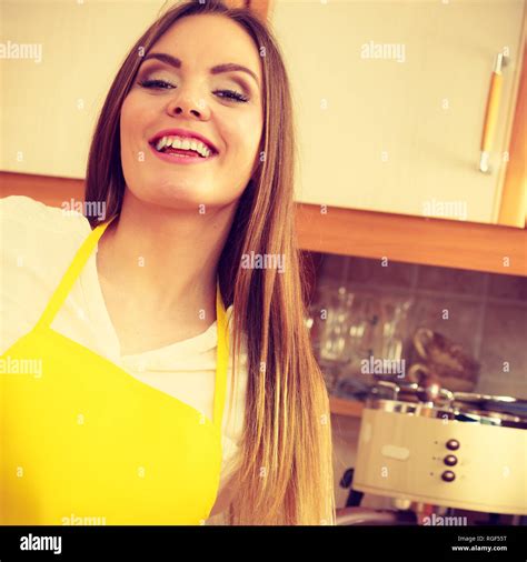 Attractive Woman Face Housewife Wearing Yellow Apron Portrait Stock
