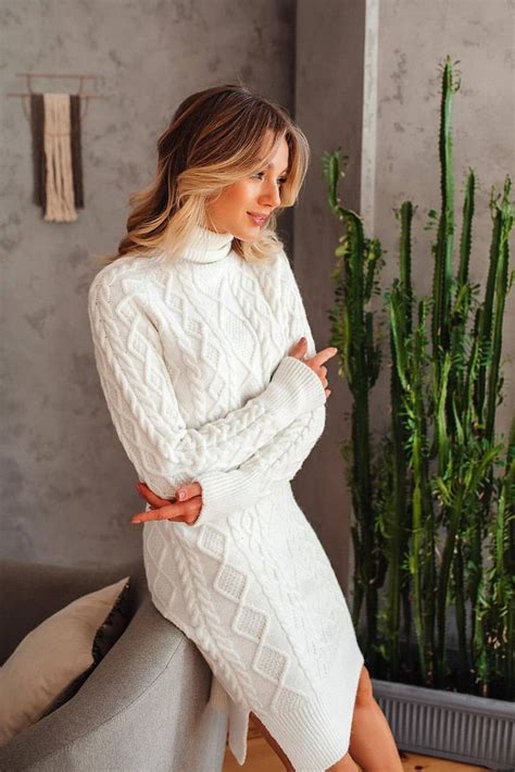White Knitted Seamless Dress Women S Warm Long Sleeve Etsy