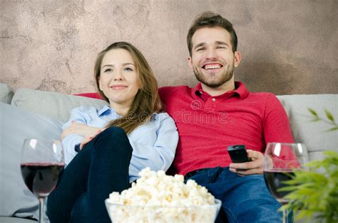 Couple Enjoys Free Time And Watching Tv Stock Image Image Of Watch
