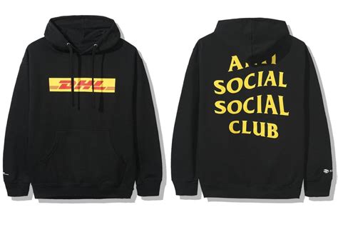 anti social social club ds red dhl  assc yellow logo black hoodie offwhite supreme grailed