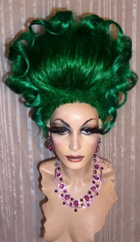 Drag Queen Wig Teased Dk Green Medusa Ursula Up Do Wild Curls And