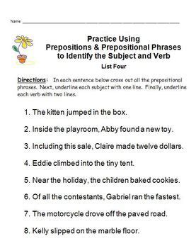 identifying subjects verbs easy mastery  prepositions prep
