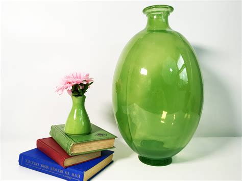 Vintage Art Glass Vase Green Large Bulbous Oval Floor Vase Tall