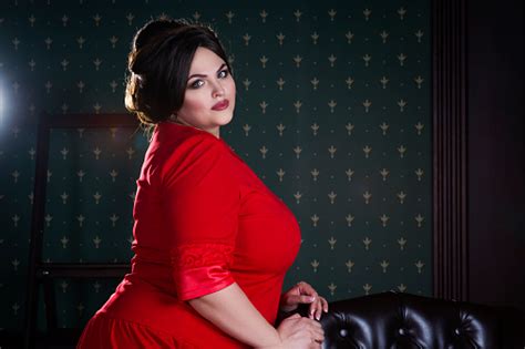 Plus Size Fashion Model In Red Evening Dress Fat Woman On