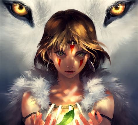 anime art eyes forest girl leaf light  magic mononoke