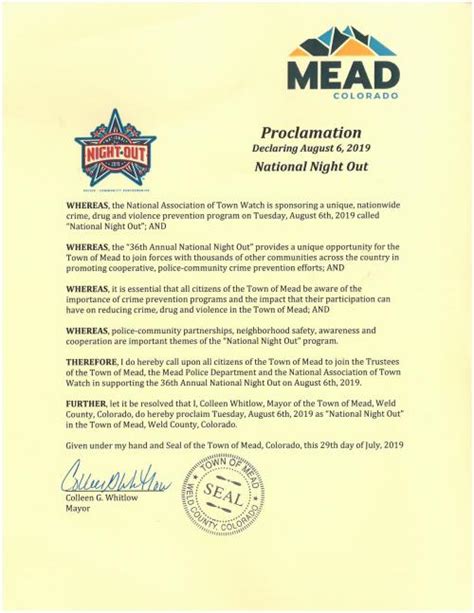 proclamation declaring august   national night  mead colorado