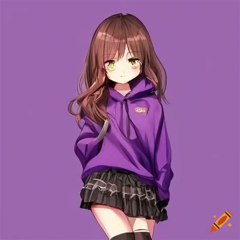Anime Girl With Long Brown Hair Brown Eyes Purple Hoodie And Short