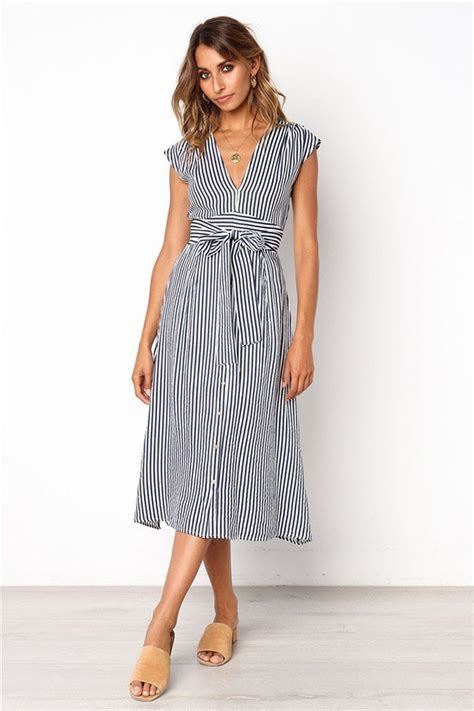 vertical striped dress with short sleeve and v neck