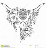 Skull Flowers Bull Indian Tattoo Feathers Drawing Aztec Vector Ornament Ethnic Decorative Cow Flower Dreamstime Boho Le Illustration Tattoos Print sketch template