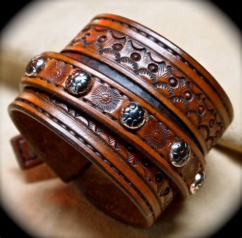leather cuff bracelet custom hand tooled suntan brown